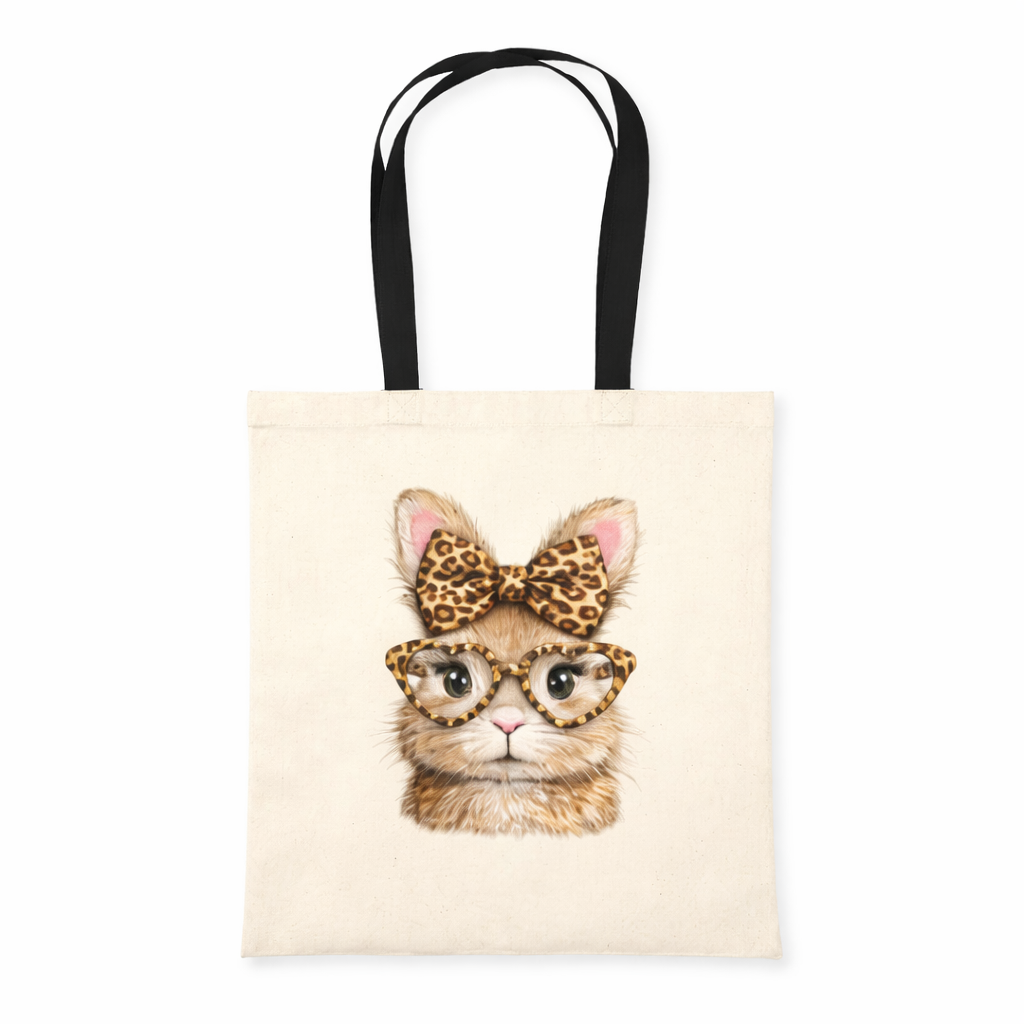 Tote bag with a cat wearing a leopard print bow and glasses on a beige background