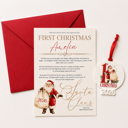 First Christmas documentation with Santa Claus illustration, red envelope, and ornament on a white background