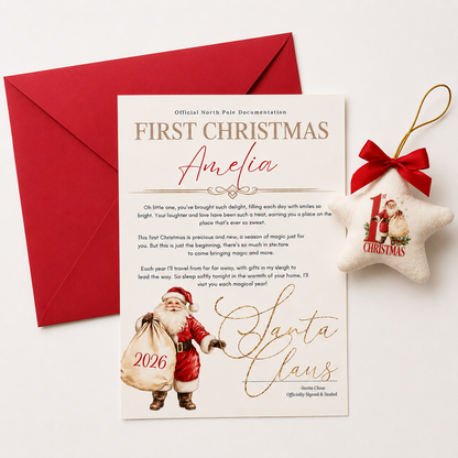 Letter from Santa Claus with a red envelope and Christmas ornament on a white background