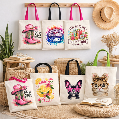 Collection of tote bags with various designs on a decorative setting with books and plants.