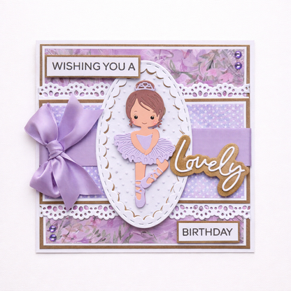 Birthday card with a ballerina design and decorative elements on a white background