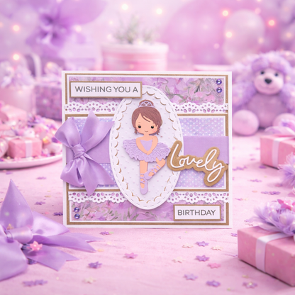 Purple birthday card with a ballerina design on a festive background with balloons and gifts.