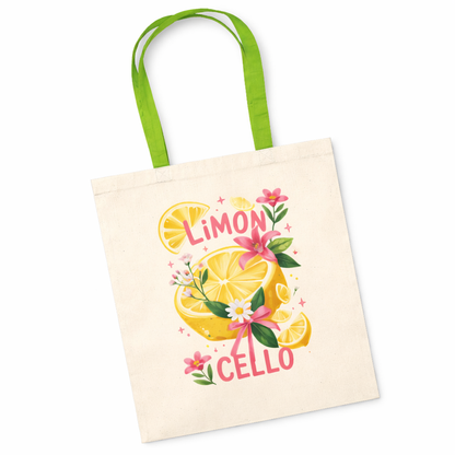 Tote bag with lemon design and text on a white background