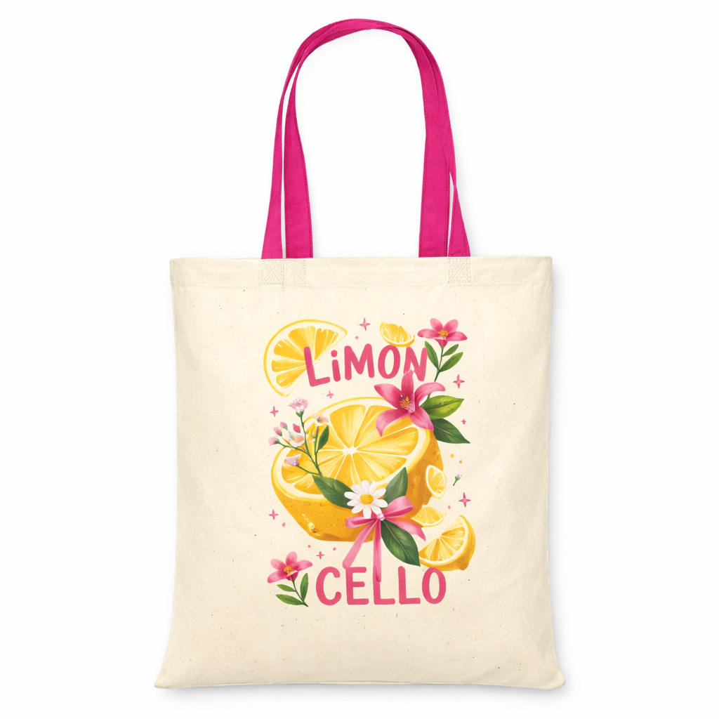 Tote bag with lemon design and 'Limon Cello' text on a white background