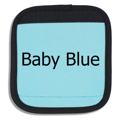 Baby Blue luggage handle cover close-up with "Baby Blue" written across the front to demonstrate how it looks with printed text