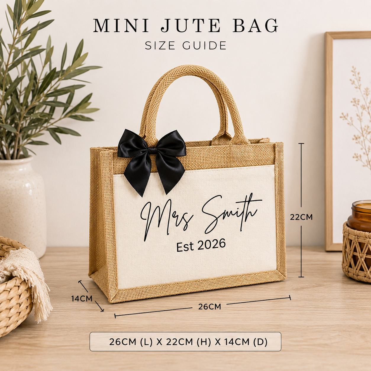 A personalized jute mini tote bag with a cream canvas front panel, black script reading 'Mrs Smith Est 2026', and a black satin bow. The image includes overlaid dimension lines and text indicating measurements of 26cm x 22cm x 14cm, with the title 'MINI JUTE BAG SIZE GUIDE' at the top.