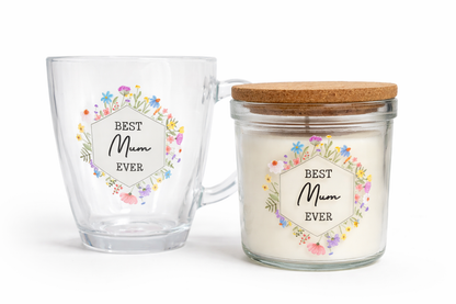 Clear mug and glass jar with wooden lid featuring 'Best Mum Ever' text and floral design on a white background.