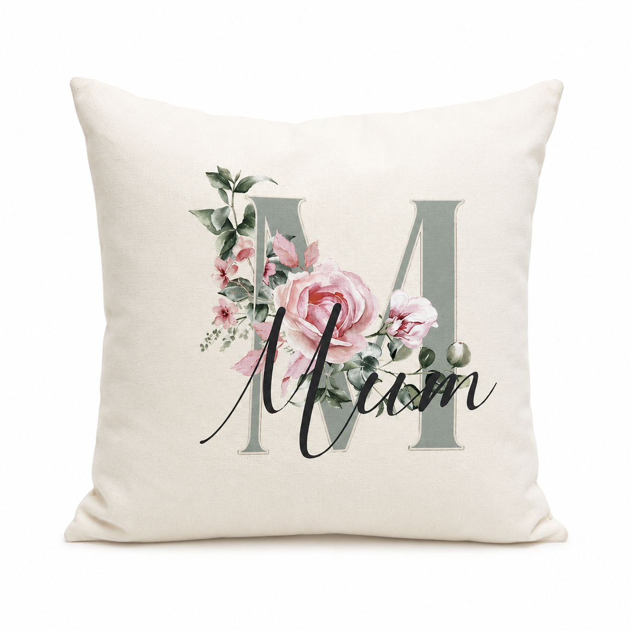 Decorative pillow with floral design and 'Mum' text on a white background