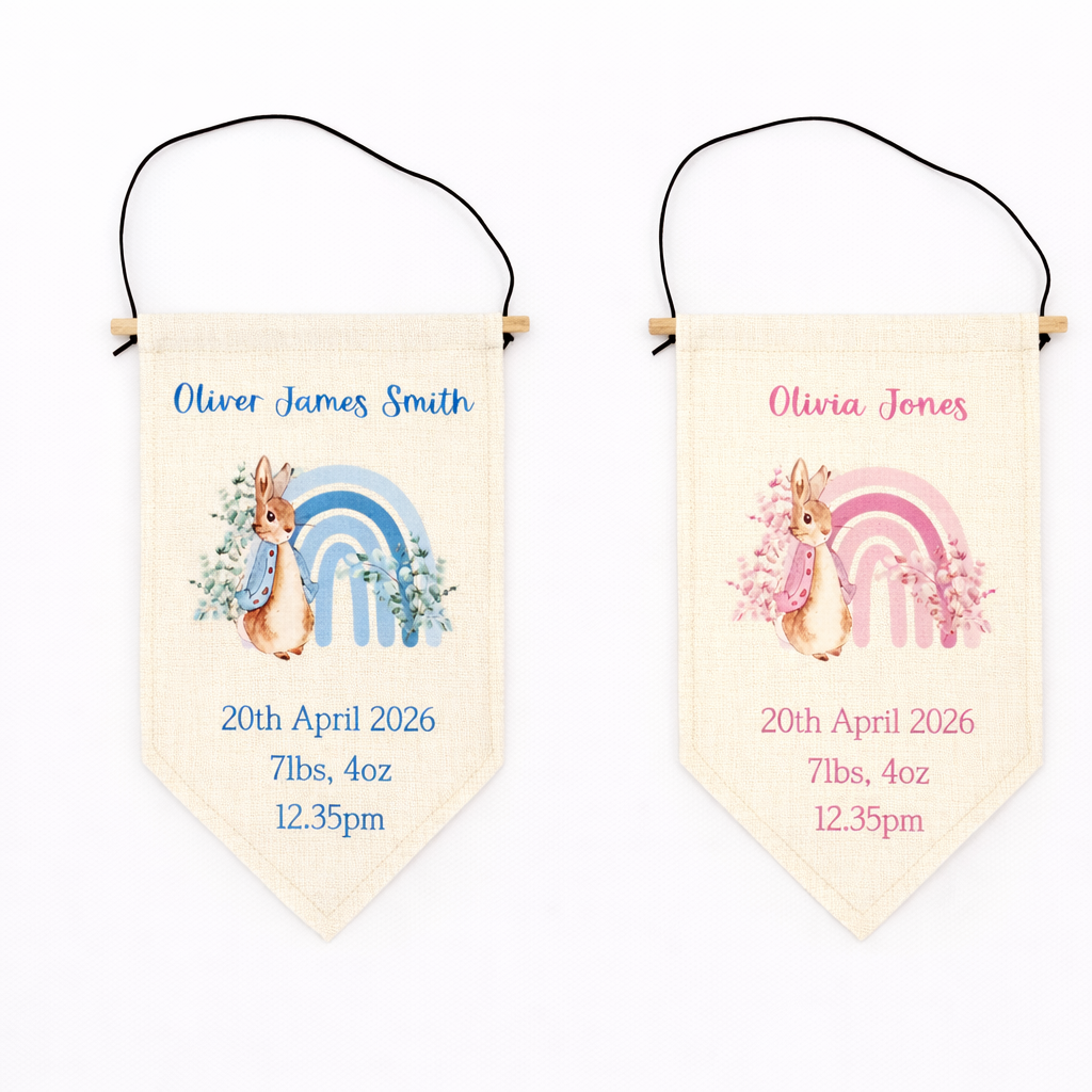 Two baby announcement banners with deer and rainbow designs on a white background.
