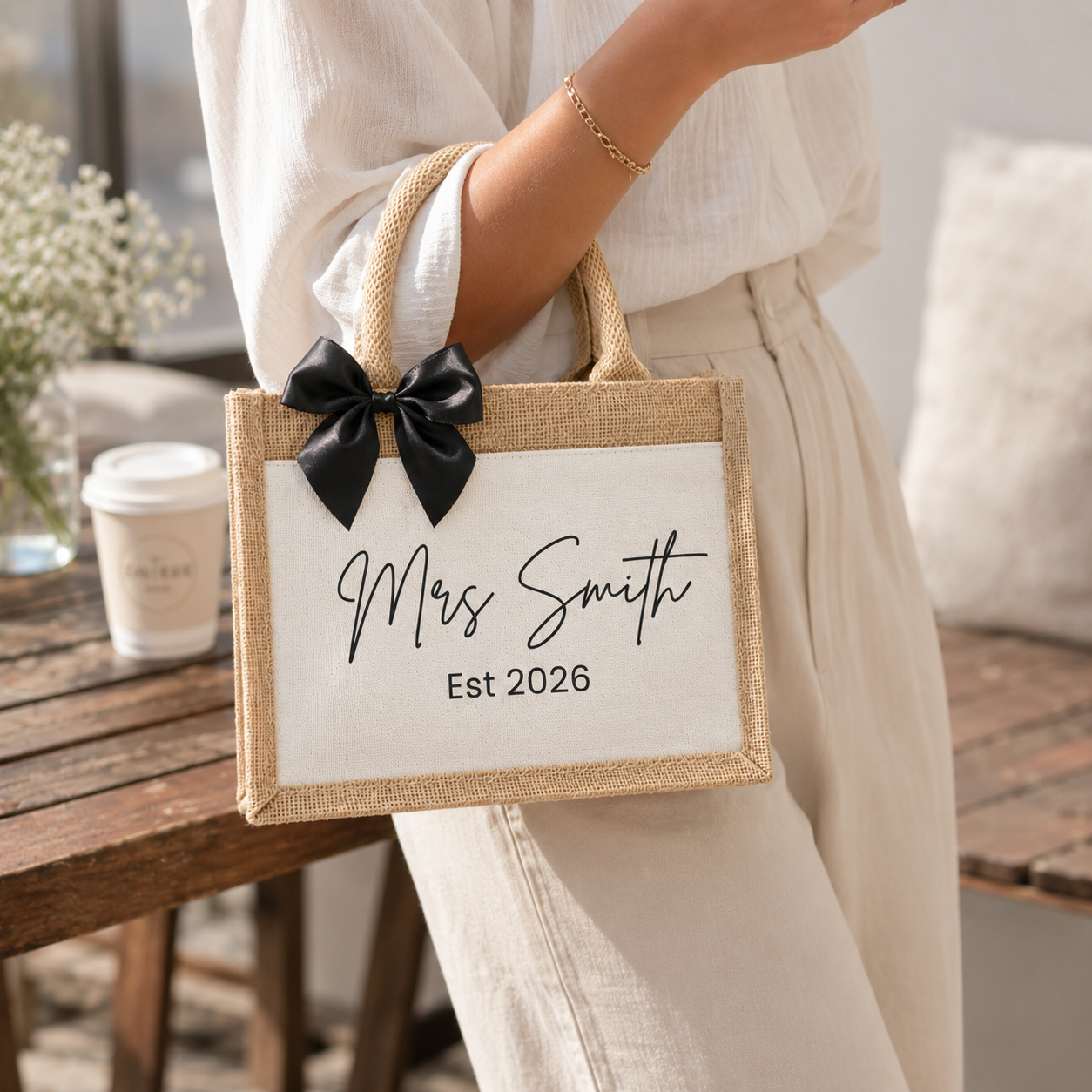A personalized jute tote bag with a white insert, black bow, and the text 'Mrs Smith Est 2026', held by a person wearing a white dress in a cozy indoor setting.
