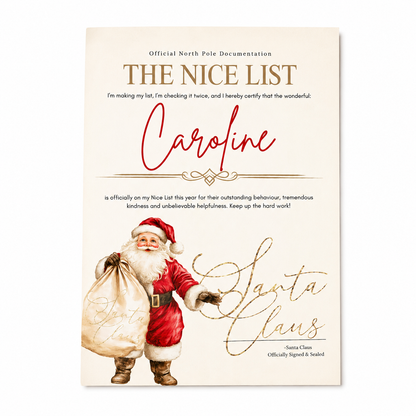 Personalized 'The Nice List' certificate from Santa Claus with a vintage illustration of Santa Claus on a white background.