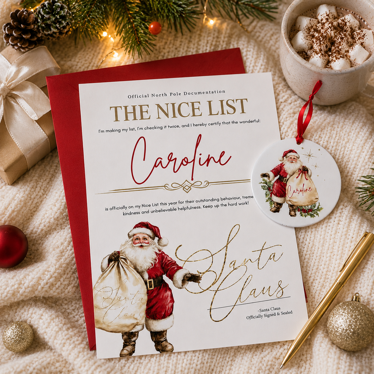 Santa Claus-themed 'The Nice List' card with a pen, mug, and Christmas decor on a textured surface.