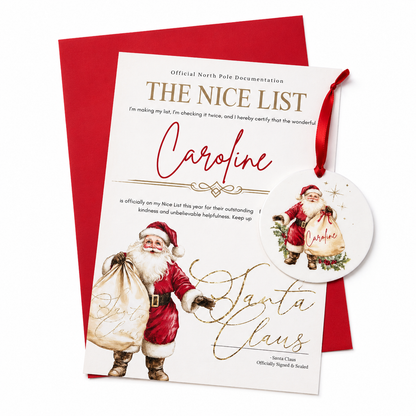 Personalized Christmas card with Santa Claus and a red envelope on a white background with a matching decoration