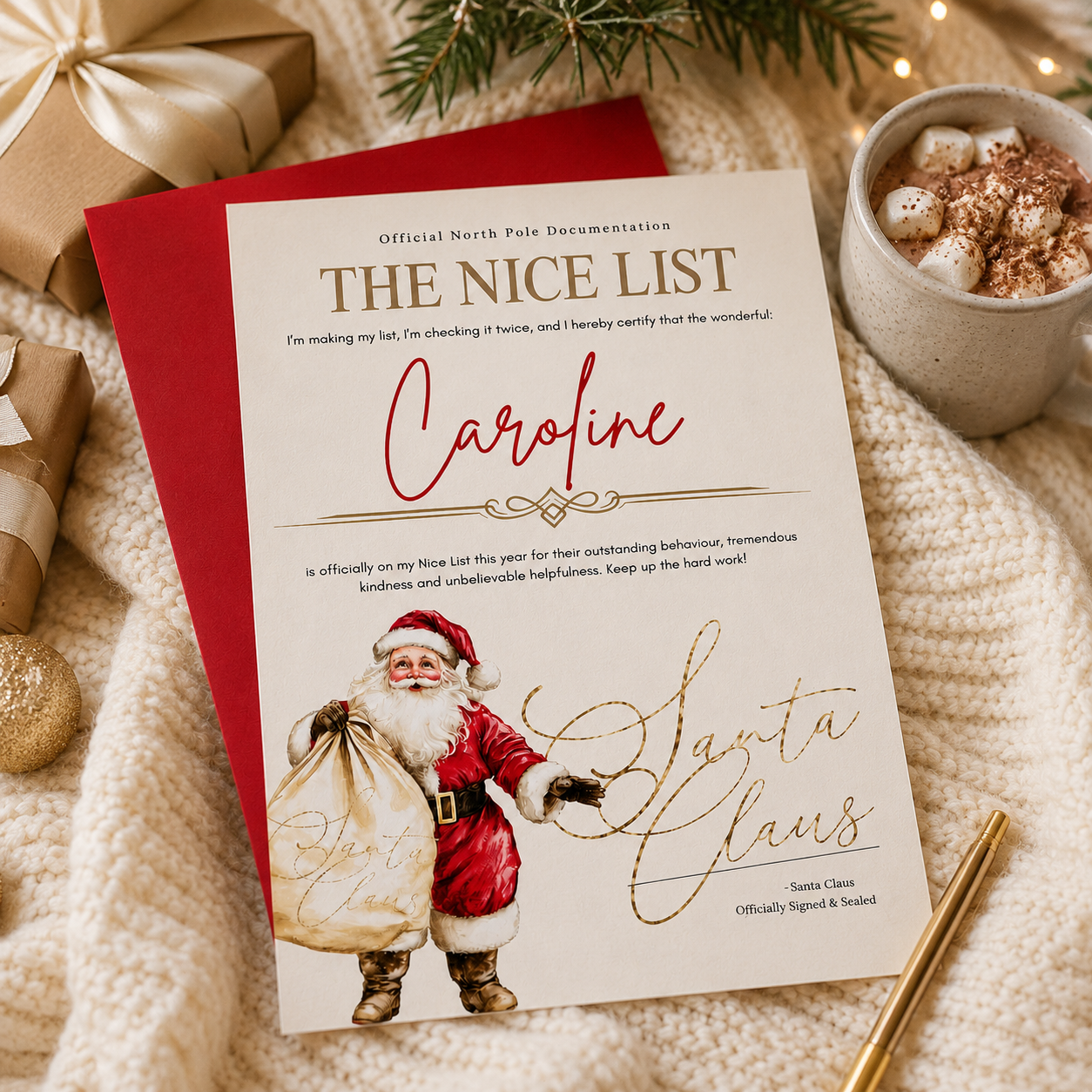 Personalized 'The Nice List' document with Santa Claus illustration on a cozy Christmas setting.