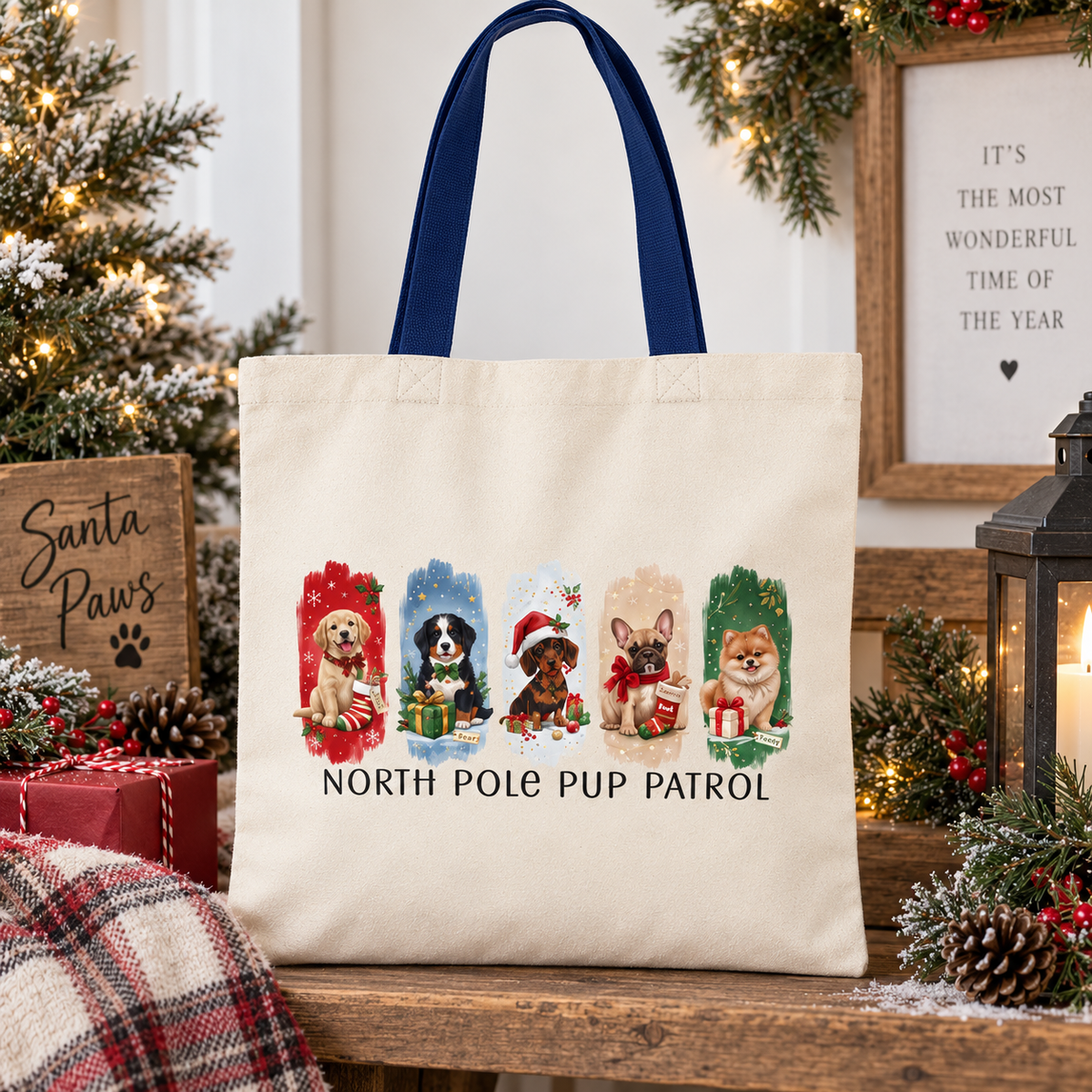 A cream canvas tote bag with dark blue handles, decorated with a Christmas-themed graphic of four dog breeds in Santa hats and the text 'NORTH POLE PUP PATROL'. The bag is displayed on a wooden shelf surrounded by holiday decorations including a Christmas tree, pinecones, a lantern, and a plaid blanket.
