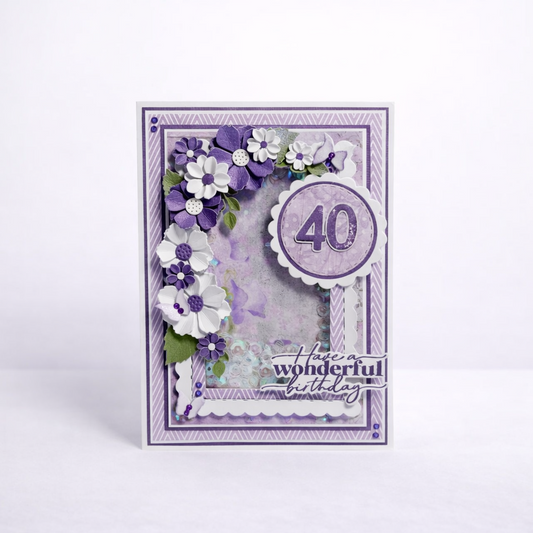 Purple birthday card with flowers and number 40 on a white background