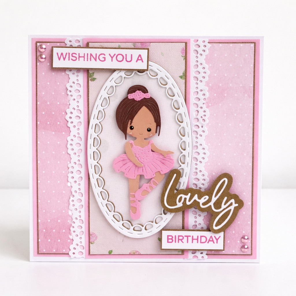 Pink birthday card with a ballerina design and text