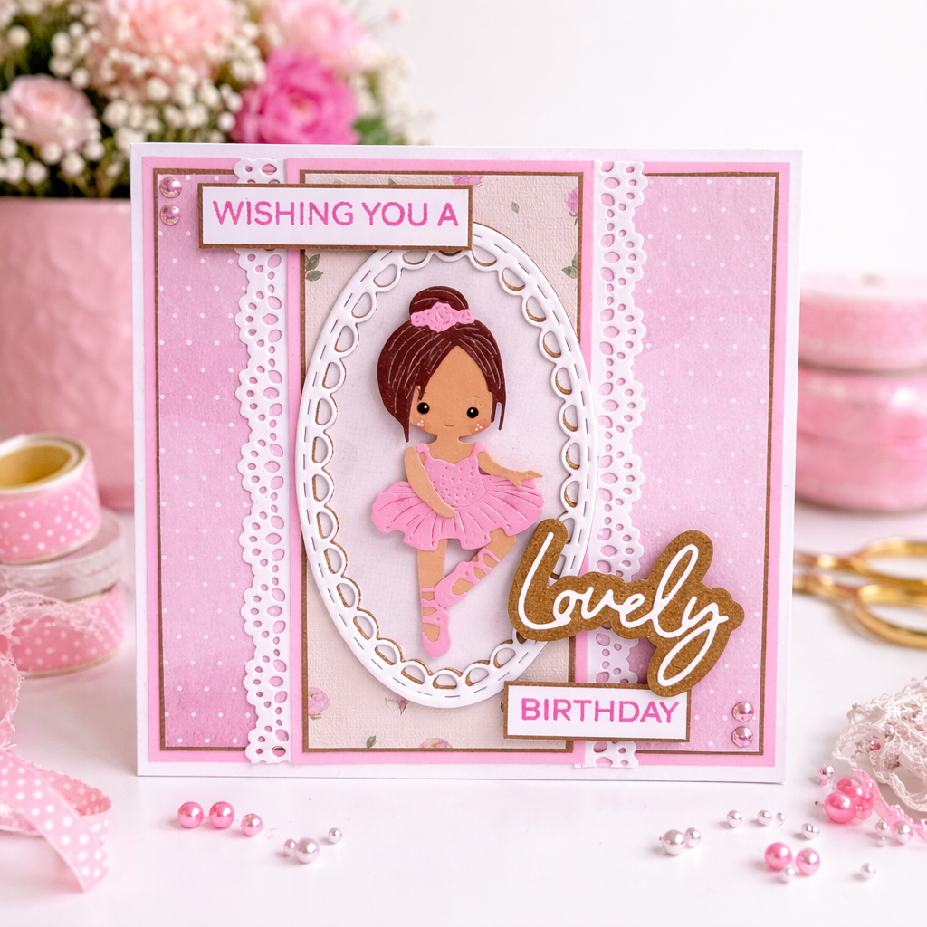 Pink birthday card with a girl in a ballet outfit and decorative elements.