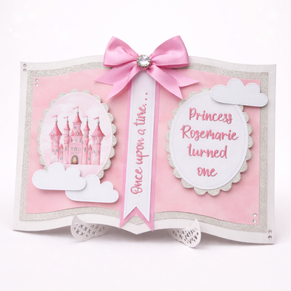 Decorative birthday card with pink castle, bow, and personalized text on a white background