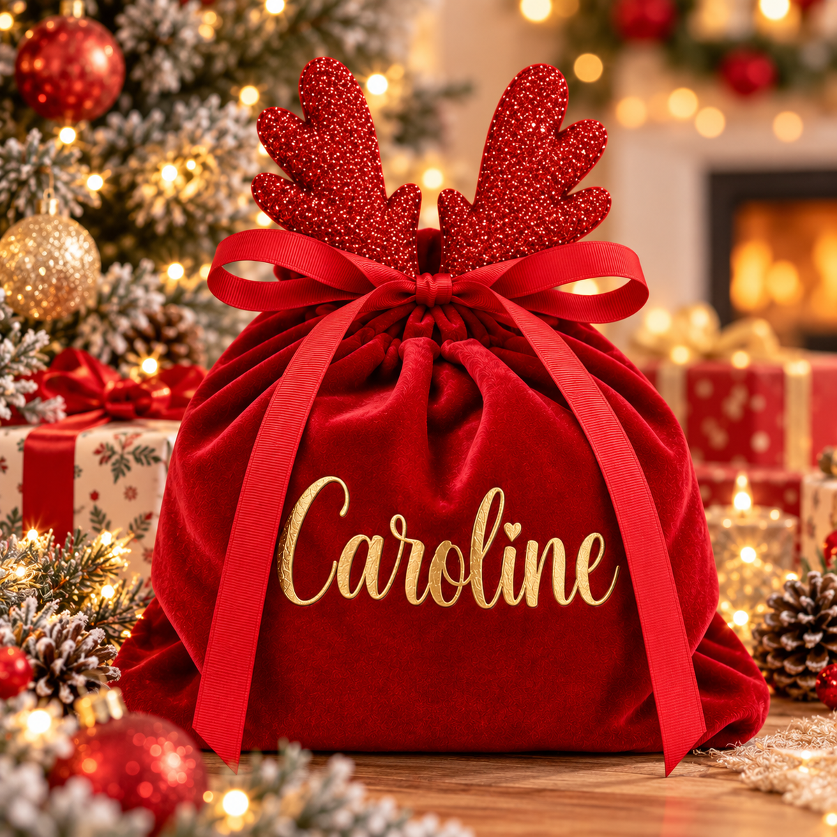 A personalized Christmas gift bag made of red velvet, featuring a drawstring closure tied with a red ribbon, red glittery reindeer antlers on top, and the name 'Caroline' embroidered in gold script on the front. The bag is set on a wooden table surrounded by a decorated Christmas tree, wrapped presents, and warm holiday lights.