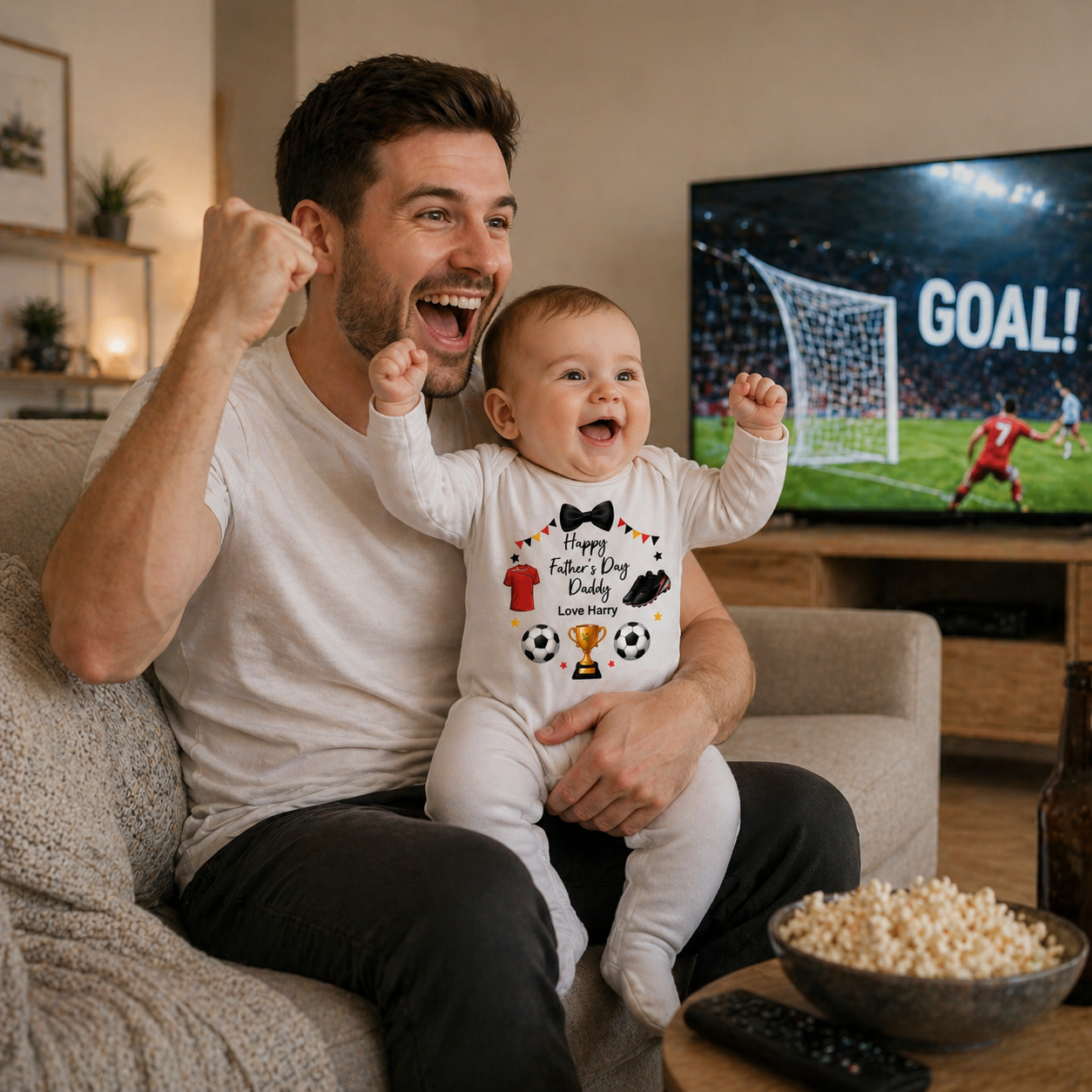 Man and baby watching TV in a living room with popcorn