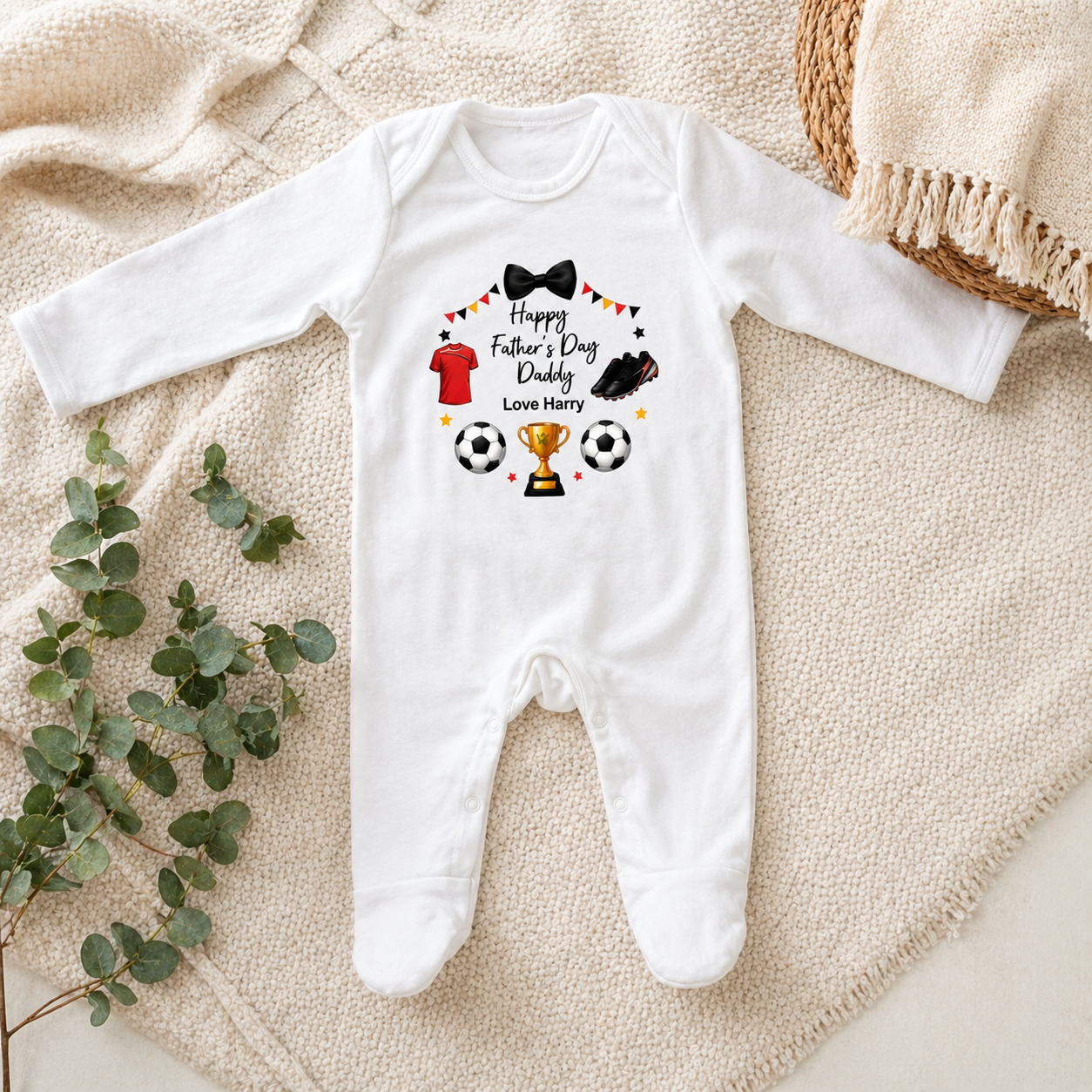 White baby onesie with Father's Day design on a beige blanket