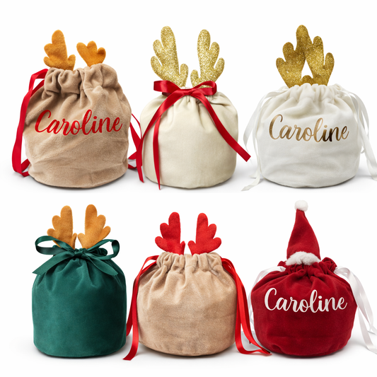 Set of decorative bags with personalized names on a white background