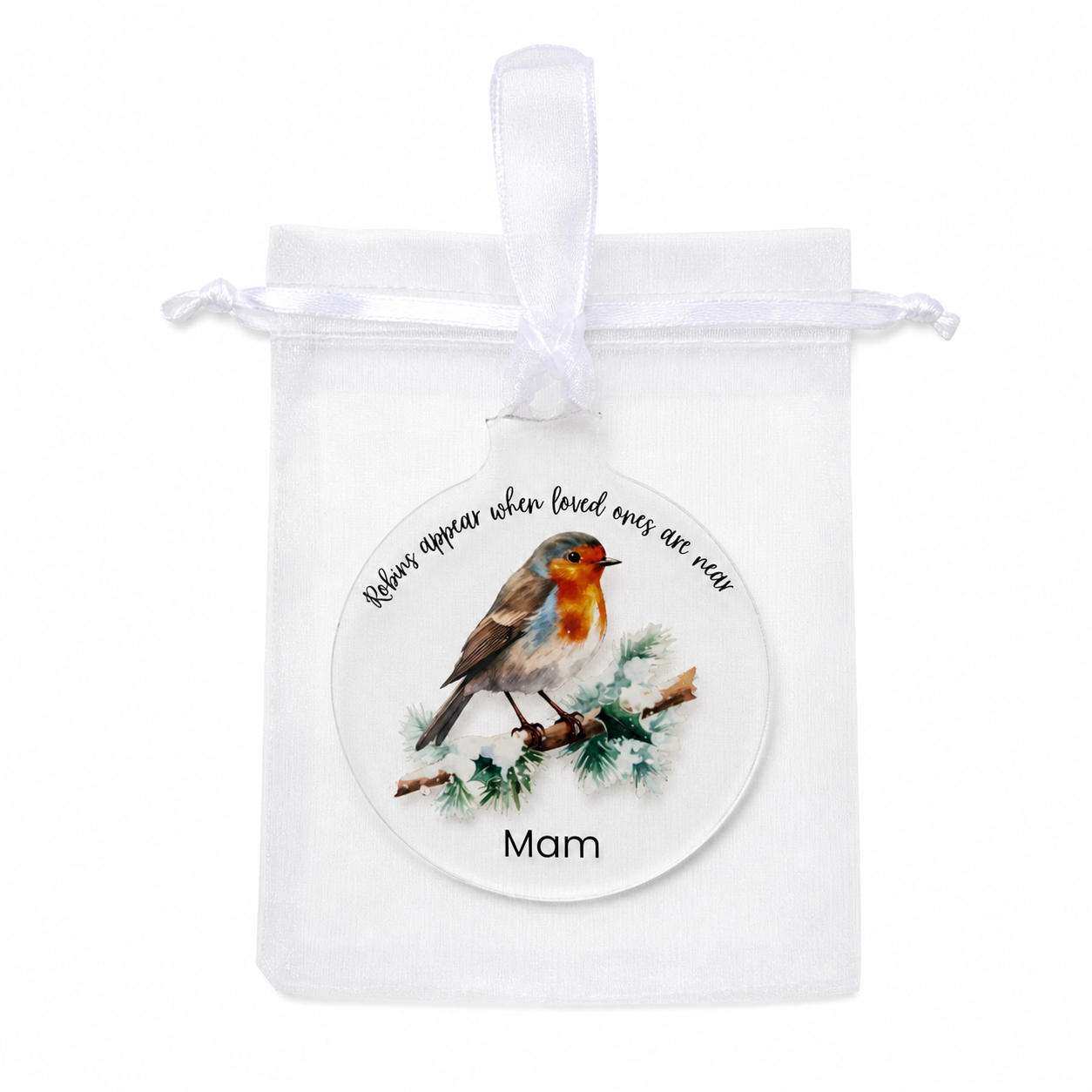 Decorative ornament with a robin and engraved text on a white background