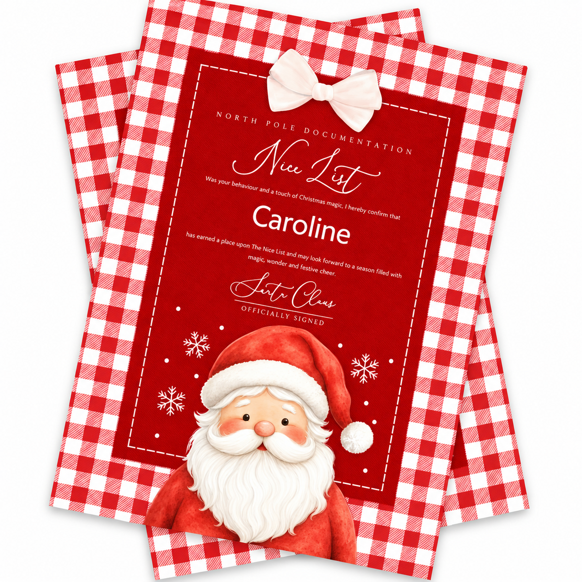 A Christmas-themed 'Nice List' card or invitation with a red and white gingham border, a pink bow illustration, and a cartoon Santa Claus illustration at the bottom. The card is shown overlapping two identical copies on a plain white background.
