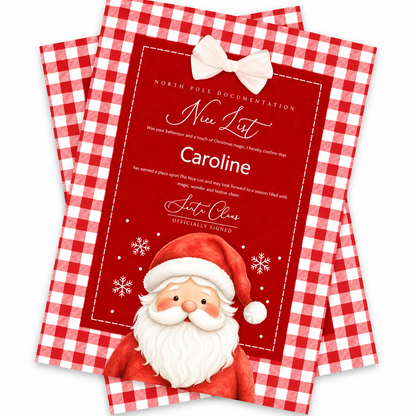 A Christmas-themed 'Nice List' card or invitation with a red and white gingham border, a pink bow illustration, and a cartoon Santa Claus illustration at the bottom. The card is shown overlapping two identical copies on a plain white background.