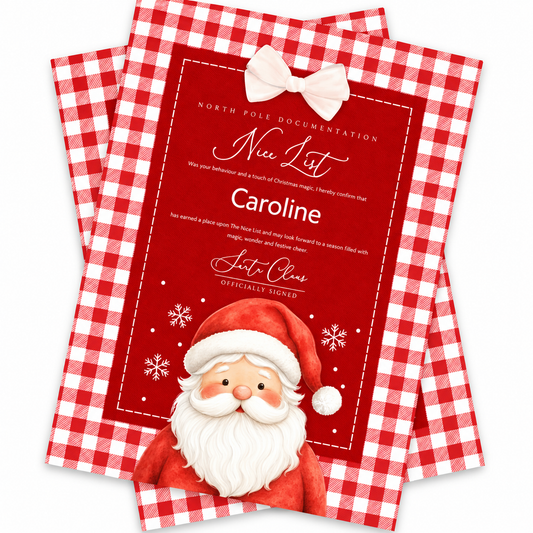 A Christmas-themed 'Nice List' card or invitation with a red and white gingham border, a pink bow illustration, and a cartoon Santa Claus illustration at the bottom. The card is shown overlapping two identical copies on a plain white background.