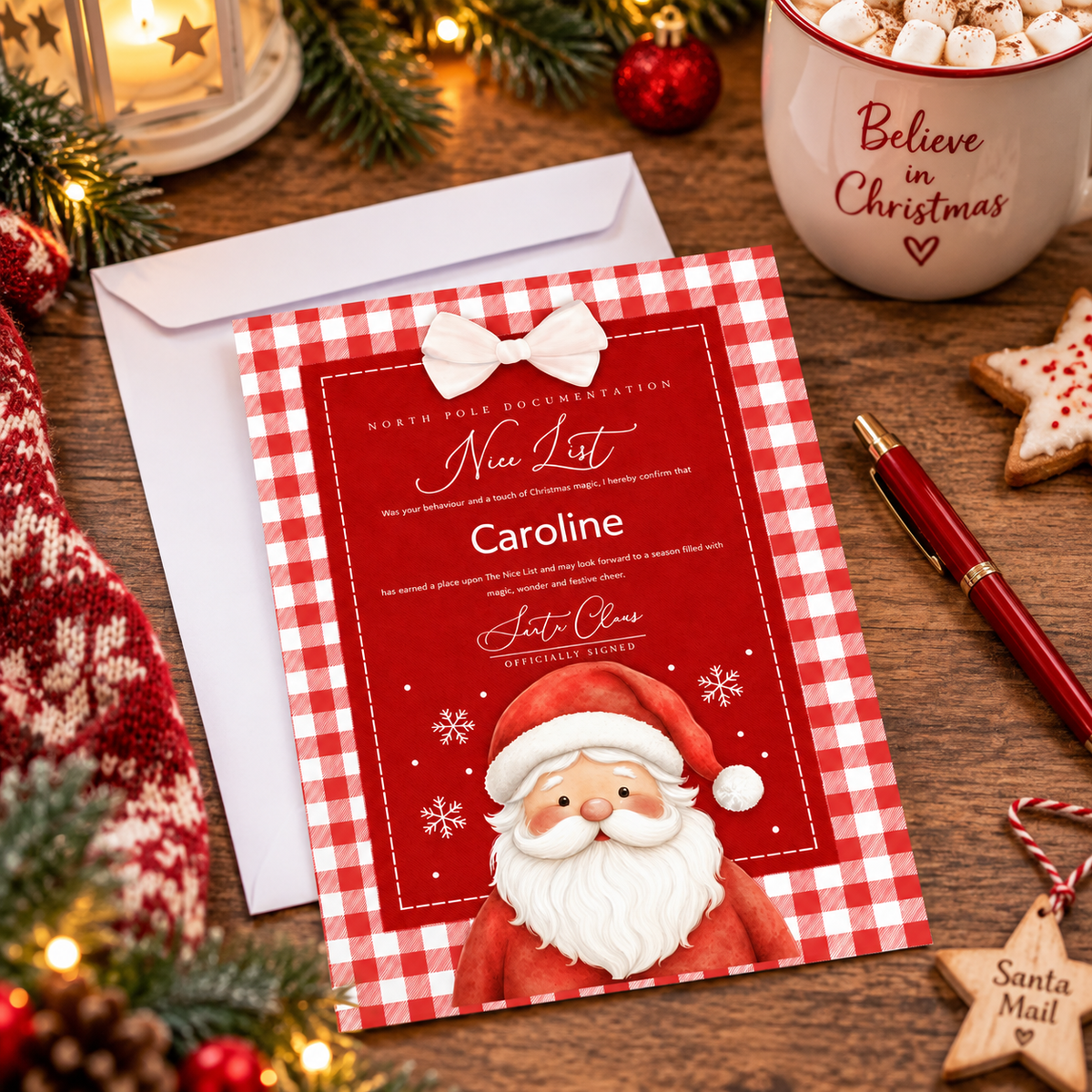 A personalized Christmas 'New List' card with a red and white gingham border, a white bow illustration, and a Santa Claus illustration at the bottom. The card is displayed on a wooden table surrounded by festive props including a white envelope, a mug that says 'Believe in Christmas', pine branches, and a red pen.