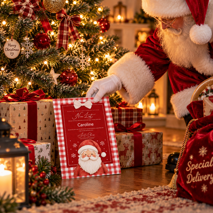 A personalized Christmas gift tag with a red and white gingham border, a Santa Claus illustration, and the text 'My List Caroline' is held by a person dressed as Santa near a decorated Christmas tree and wrapped presents.