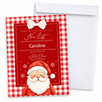 A Christmas-themed 'Nee List' / Niece List card with a red and white gingham border, a red central panel, a Santa Claus illustration, and a white bow graphic, shown in front of a plain white envelope on a white background.