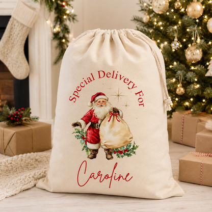 Personalized Christmas gift bag with Santa Claus illustration and text 'Special Delivery For Caroline' in a festive setting.