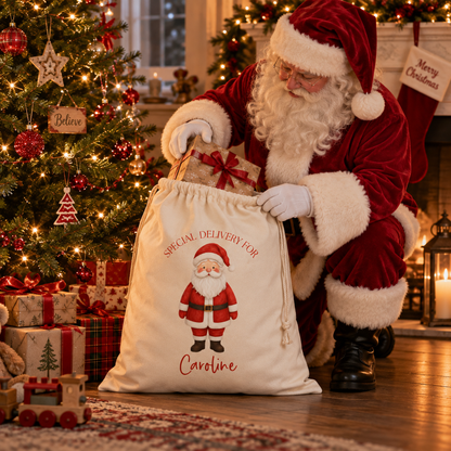 A Santa Claus figure kneels beside a large cream drawstring gift sack printed with a Santa illustration and the words 'Special Delivery for Caroline.' The scene is a decorated Christmas interior with a lit tree, wrapped presents, candles, and warm ambient lighting.