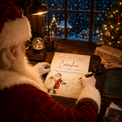 Santa Claus reading a letter at a desk with Christmas decorations