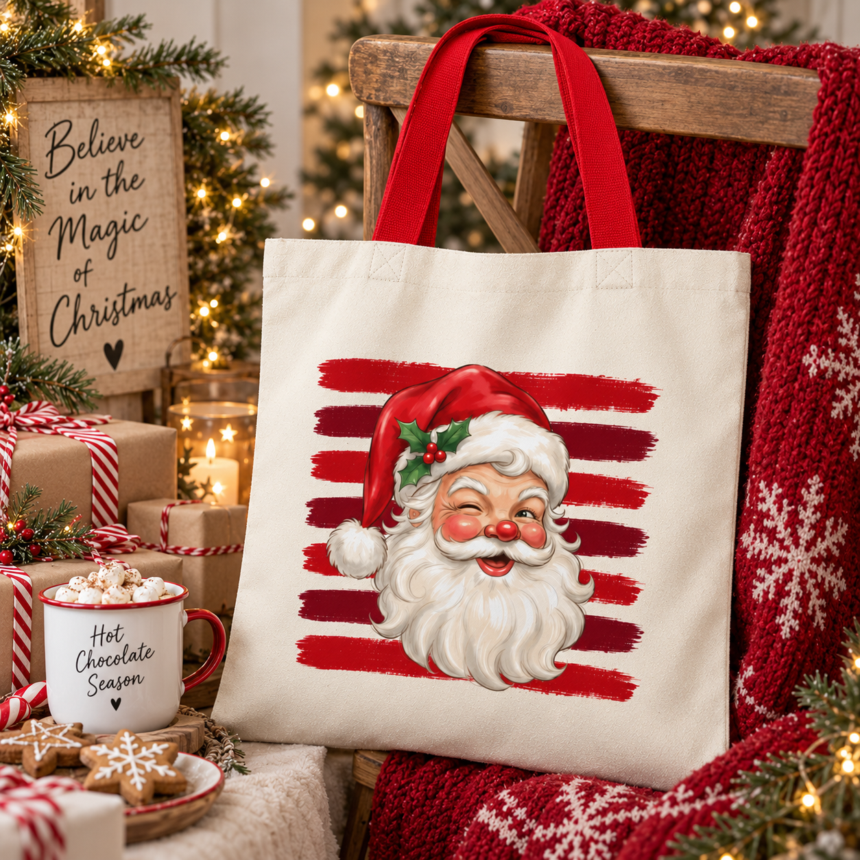 A cream canvas tote bag with red handles and a printed Santa Claus face over red brushstroke stripes, displayed on a wooden chair in a cozy holiday setting with wrapped gifts, a mug, and warm string lights.