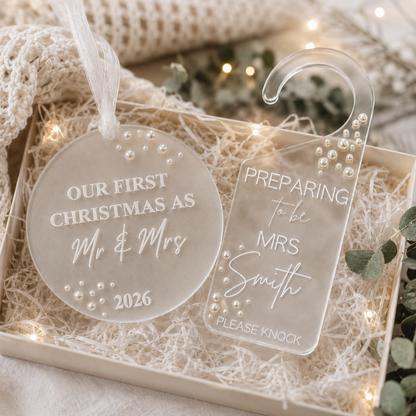 Personalised Preparing to be Mrs Door Hanger & First Christmas Married Decoration Gift Set