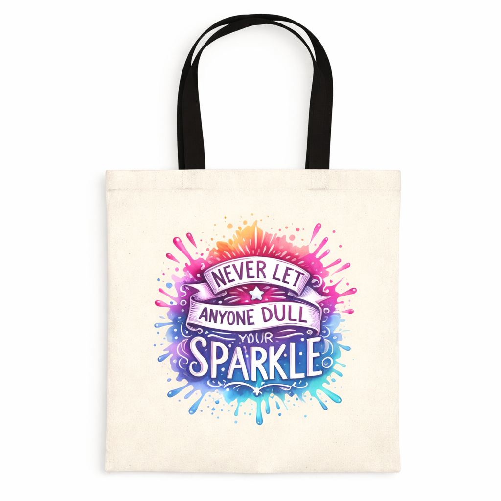 Tote bag with colorful design and text on a white background
