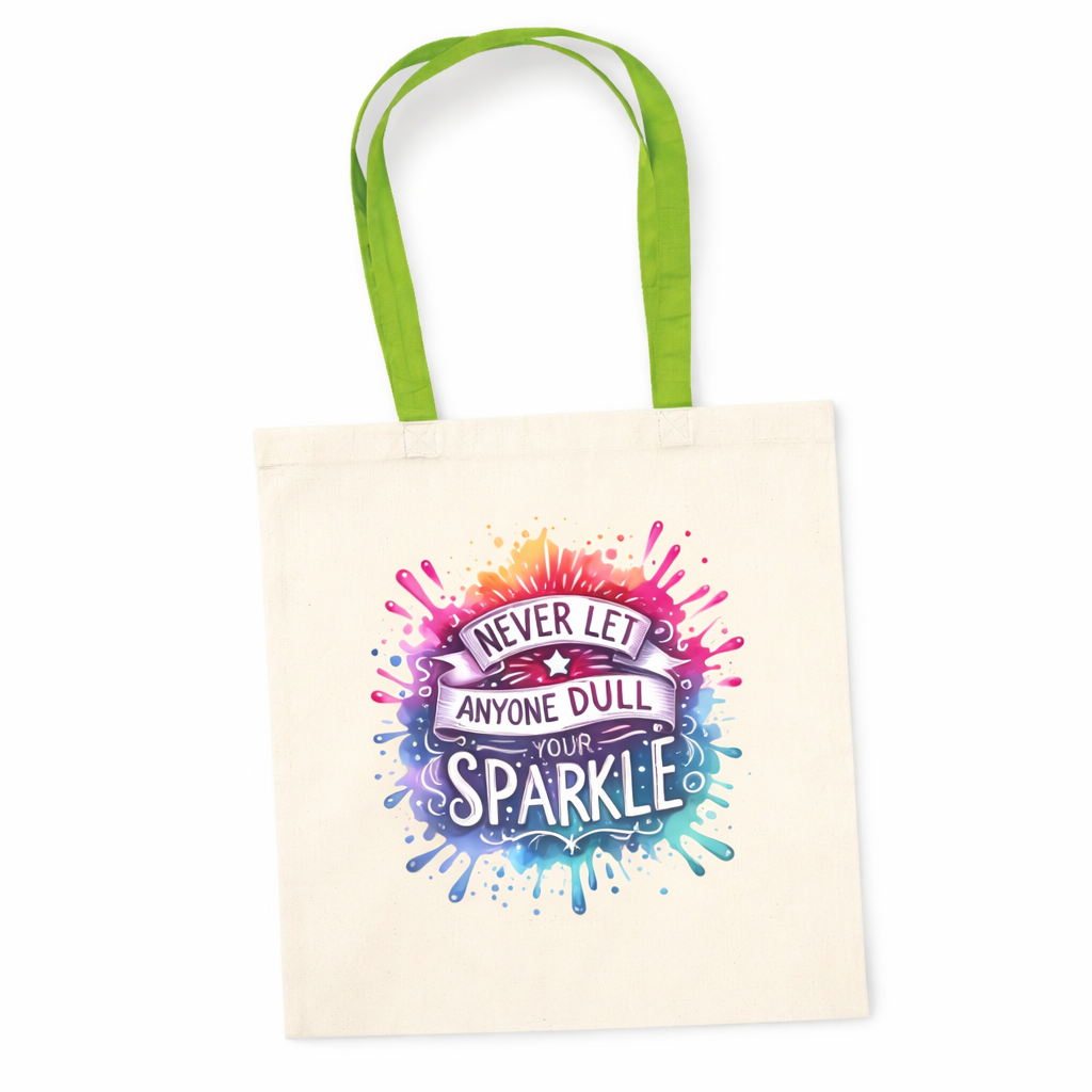 Tote bag with colorful design and text on a white background
