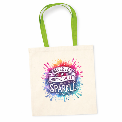Tote bag with colorful design and text on a white background