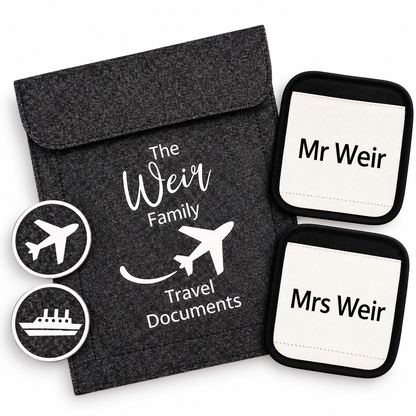 Personalized travel-themed product set including a dark gray felt pouch with white printed text reading 'The Weir Family Travel Documents,' two white name tags with black borders reading 'Mr Weir' and 'Mrs Weir,' and two round white stickers with black airplane and ship icons.