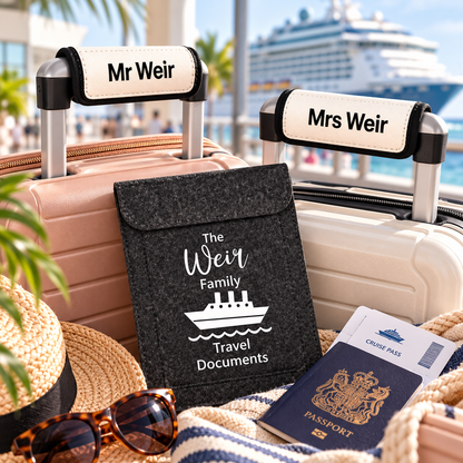 A dark gray felt travel document pouch with white text reading 'The Weir Family Travel Documents' and a cruise ship graphic, styled on a beach with two suitcases, sunglasses, a hat, and a passport.