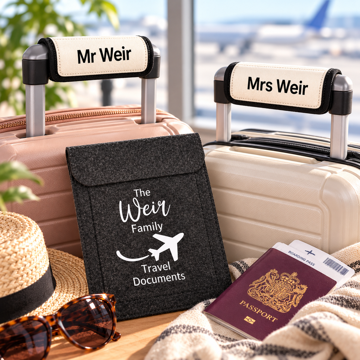 A black felt travel document pouch with white text reading 'The Weir Family Travel Documents' is styled on a wooden surface between two suitcases labeled 'Mr Weir' and 'Mrs Weir', with a straw hat, sunglasses, and a passport nearby. The scene is set in an airport-like environment with a window and airplane visible in the background.