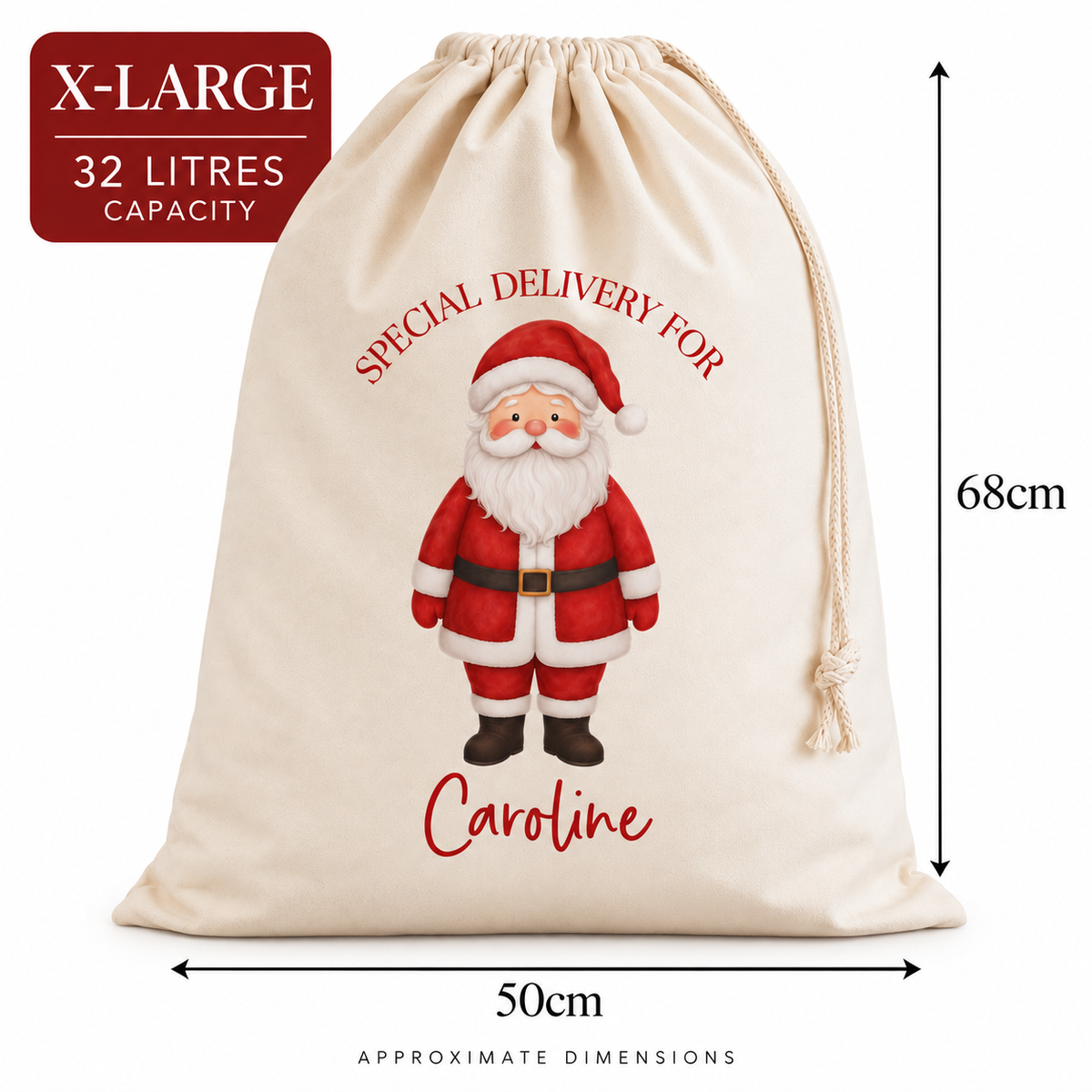 An X-Large personalized Christmas Santa sack shown with dimension arrows indicating 68cm height and 50cm width. The cream-colored drawstring bag features a printed illustration of Santa Claus and the text 'SPECIAL DELIVERY FOR' and 'Caroline'.
