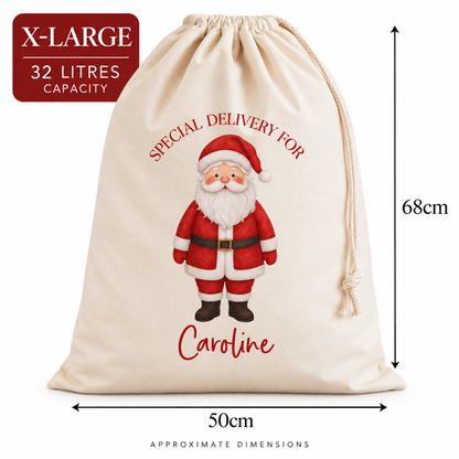 An X-Large personalized Christmas Santa sack shown with dimension arrows indicating 68cm height and 50cm width. The cream-colored drawstring bag features a printed illustration of Santa Claus and the text 'SPECIAL DELIVERY FOR' and 'Caroline'.
